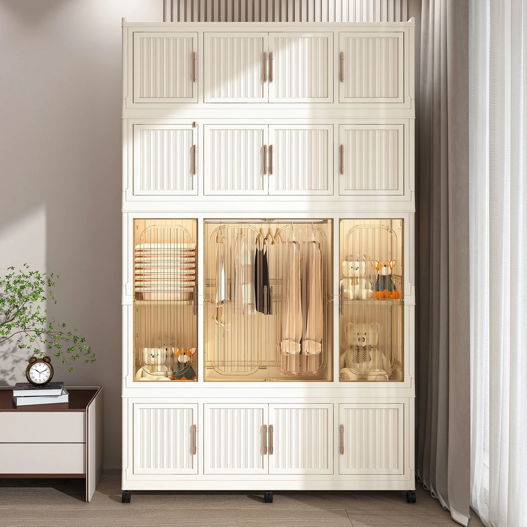 Montary Kids Portable Wardrobe w/ Magnetic Doors & Hanging Rod - 4-Cube Plastic Storage Cabinet,Nursery/Bedroom