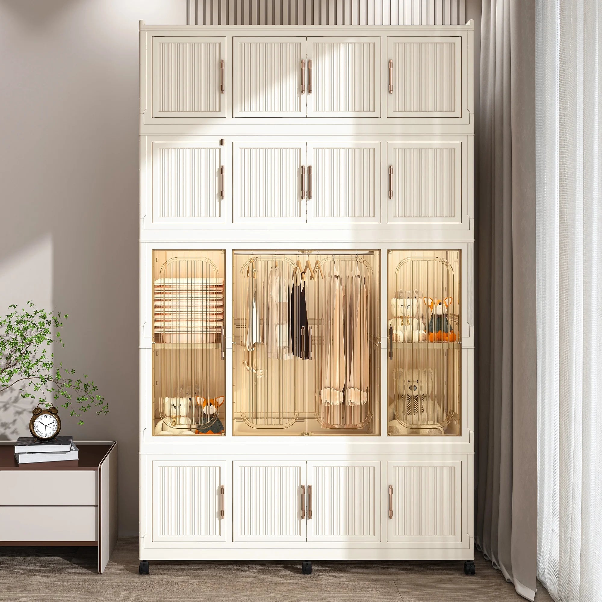 Montary Kids Portable Wardrobe w/ Magnetic Doors & Hanging Rod - 4-Cube Plastic Storage Cabinet,Nursery/Bedroom