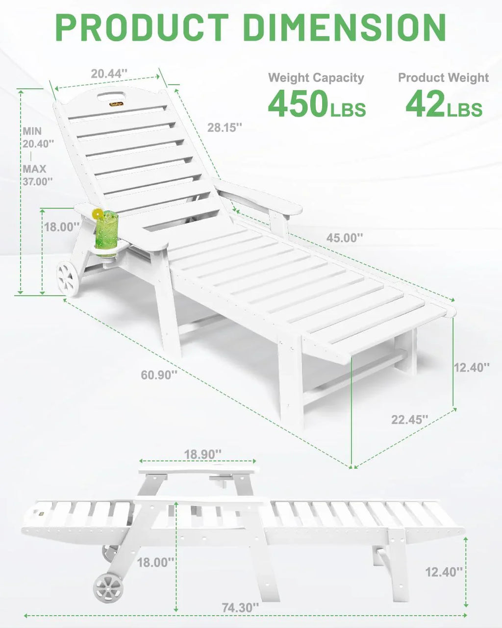 Lounge Chair Outdoor, Chaise Lounge, HDPE 6-Position Outdoor Chaise Lounge, Patio Lounge Chair with Wheels & Cup Holder for Pool Poolside Deck Backyard, Teak