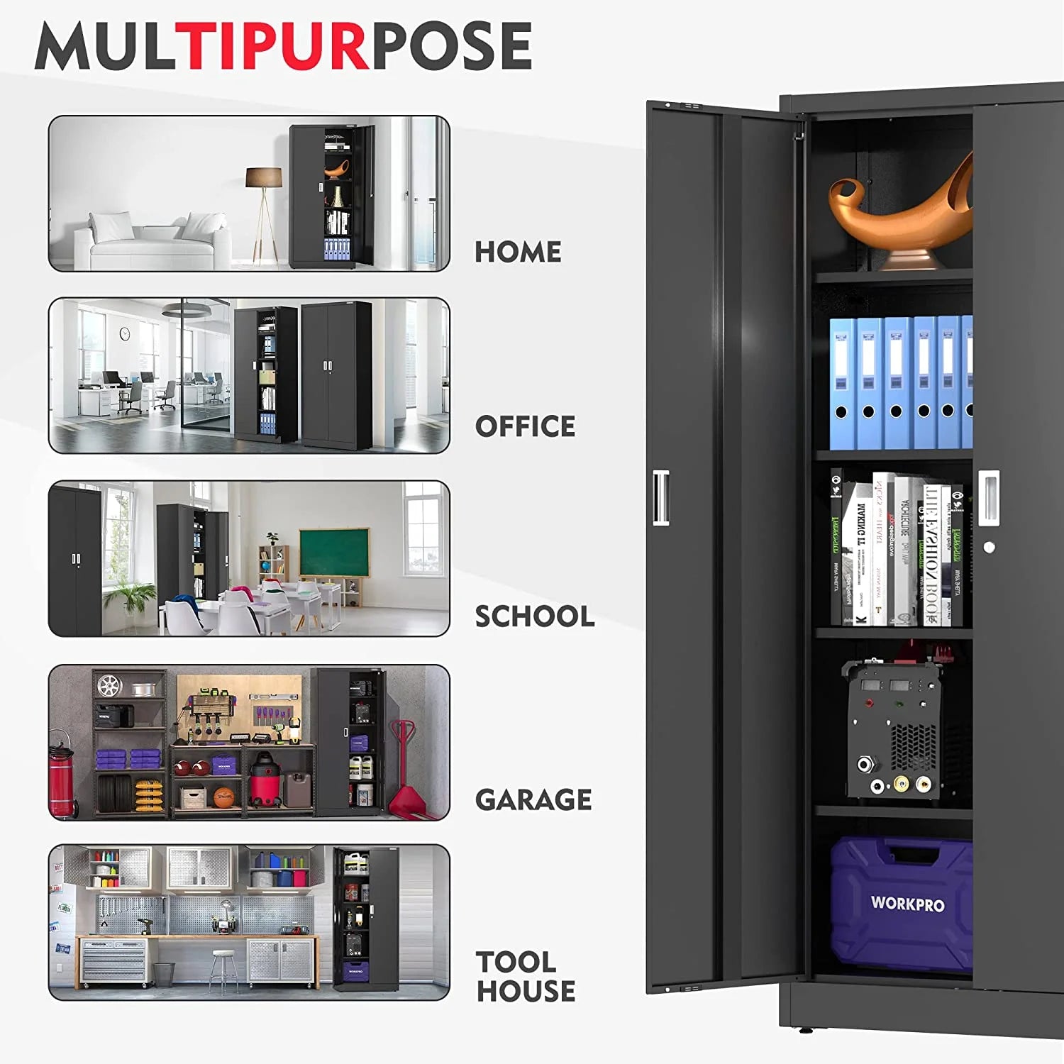 WORKPRO Metal Garage Storage Cabinet with Locking Doors and Adjustable Shelves,71 inches Tall Storage Cabinet for Tools, Office, Home, Shops (Black), Solid Packed