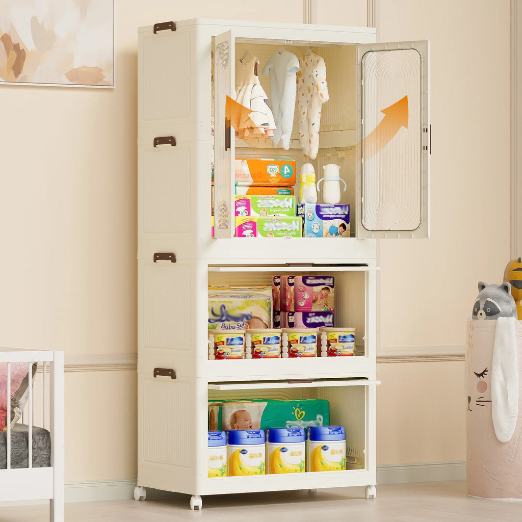 Montary Kids Portable Wardrobe w/ Magnetic Doors & Hanging Rod - 4-Cube Plastic Storage Cabinet,Nursery/Bedroom