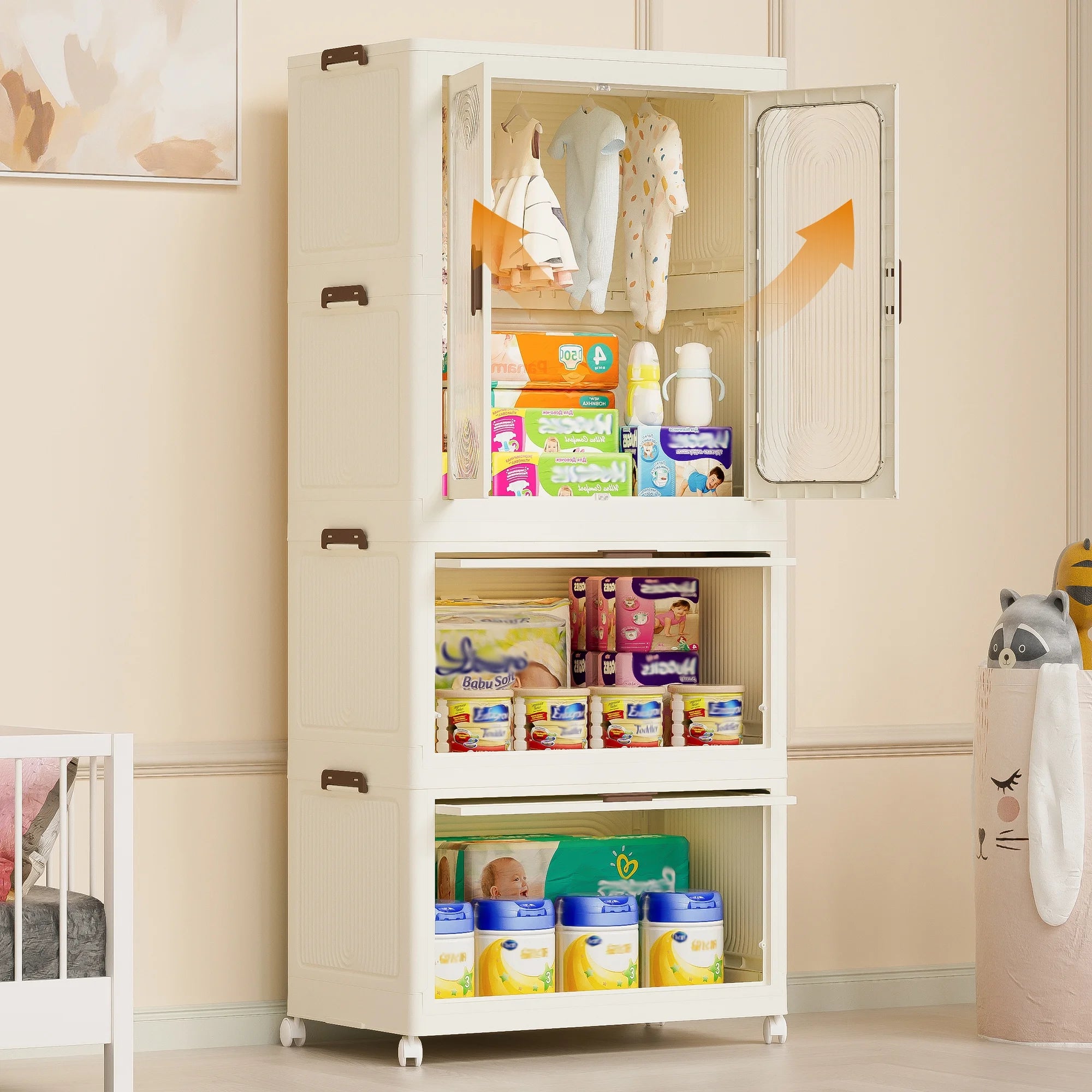Montary Kids Portable Wardrobe w/ Magnetic Doors & Hanging Rod - 4-Cube Plastic Storage Cabinet,Nursery/Bedroom