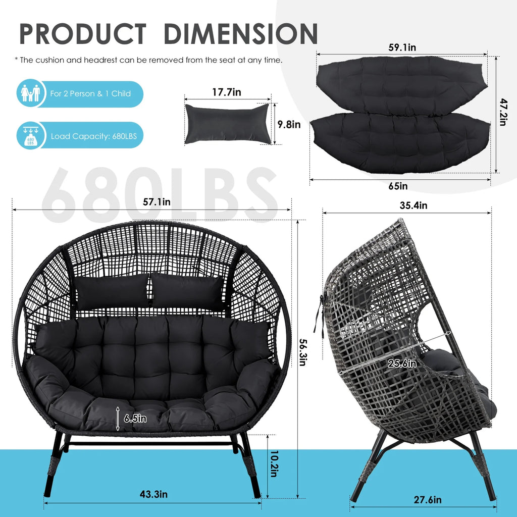 RADIATA Double Egg Chair for 2 Person, Oversized Wicker Loveseat with Thick Cushions, 680 lbs Capacity, Indoor Outdoor Stationary Patio Lounge Chair for Balcony, Garden, Beige