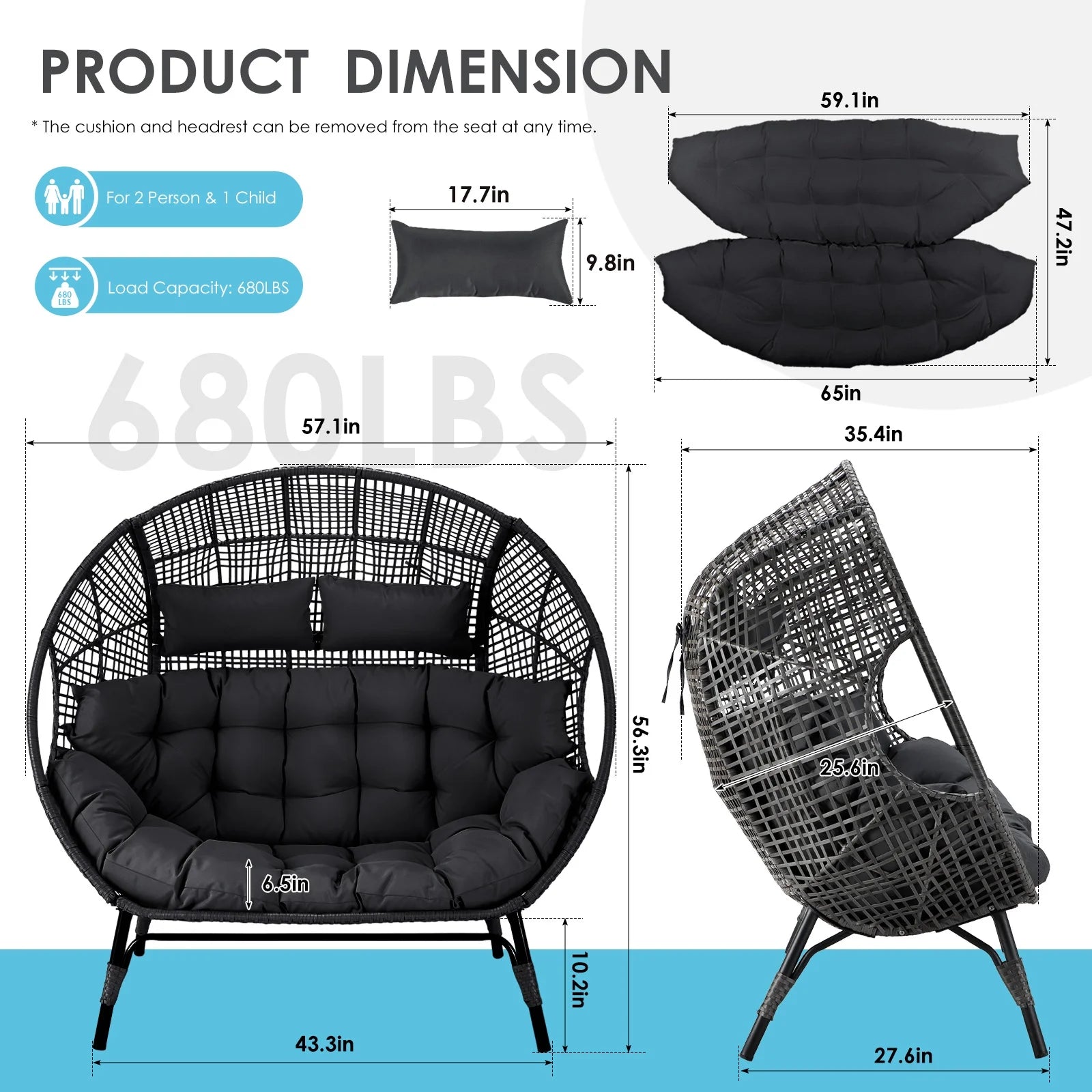 RADIATA Double Egg Chair for 2 Person, Oversized Wicker Loveseat with Thick Cushions, 680 lbs Capacity, Indoor Outdoor Stationary Patio Lounge Chair for Balcony, Garden, Beige