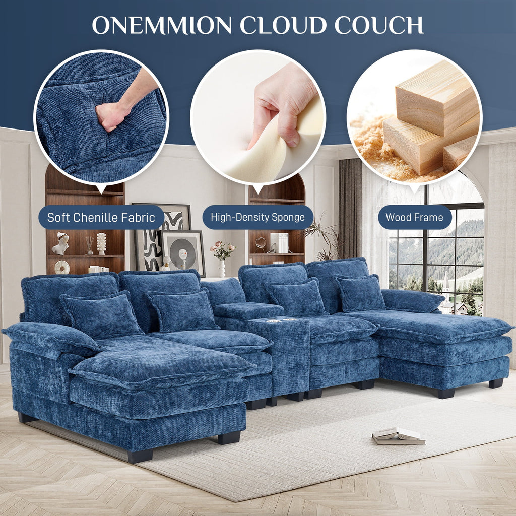 Wiilayok U Shaped Cloud Couch Modular Sectional Sofa 124" Extra Deep Fluffy Chenille Double Chaise Lounge, Central Console w/ Dual USB-C & A Ports, Storm Gray