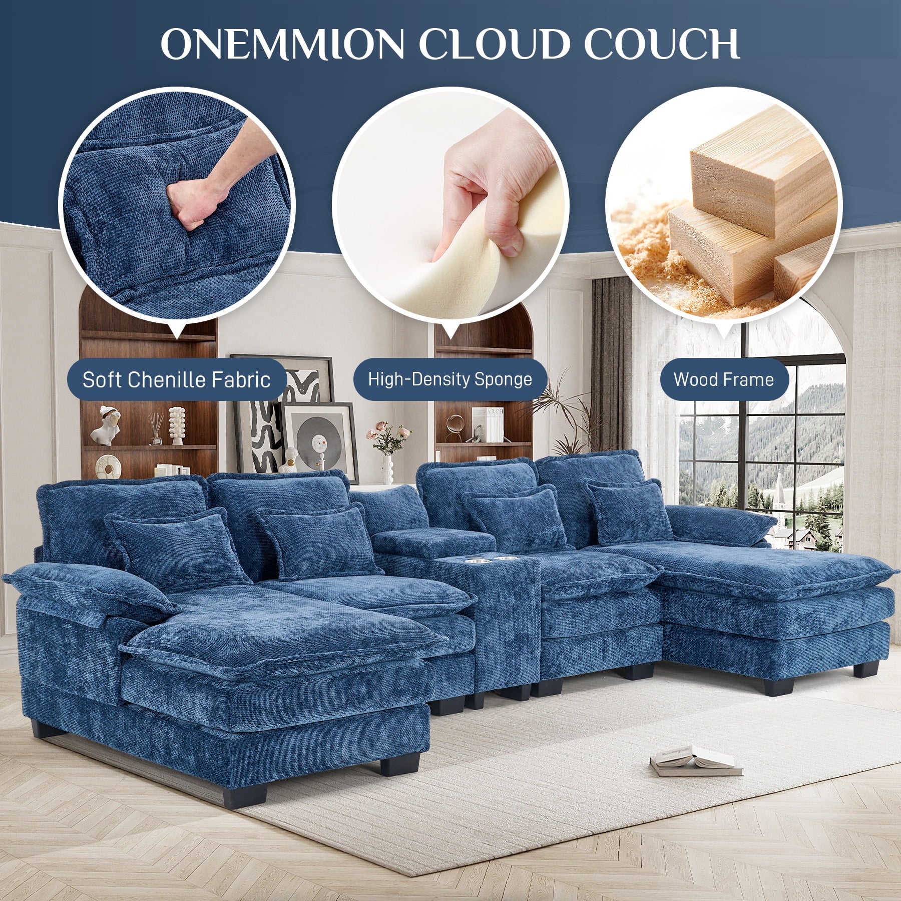 Wiilayok U Shaped Cloud Couch Modular Sectional Sofa 124" Extra Deep Fluffy Chenille Double Chaise Lounge, Central Console w/ Dual USB-C & A Ports, Storm Gray