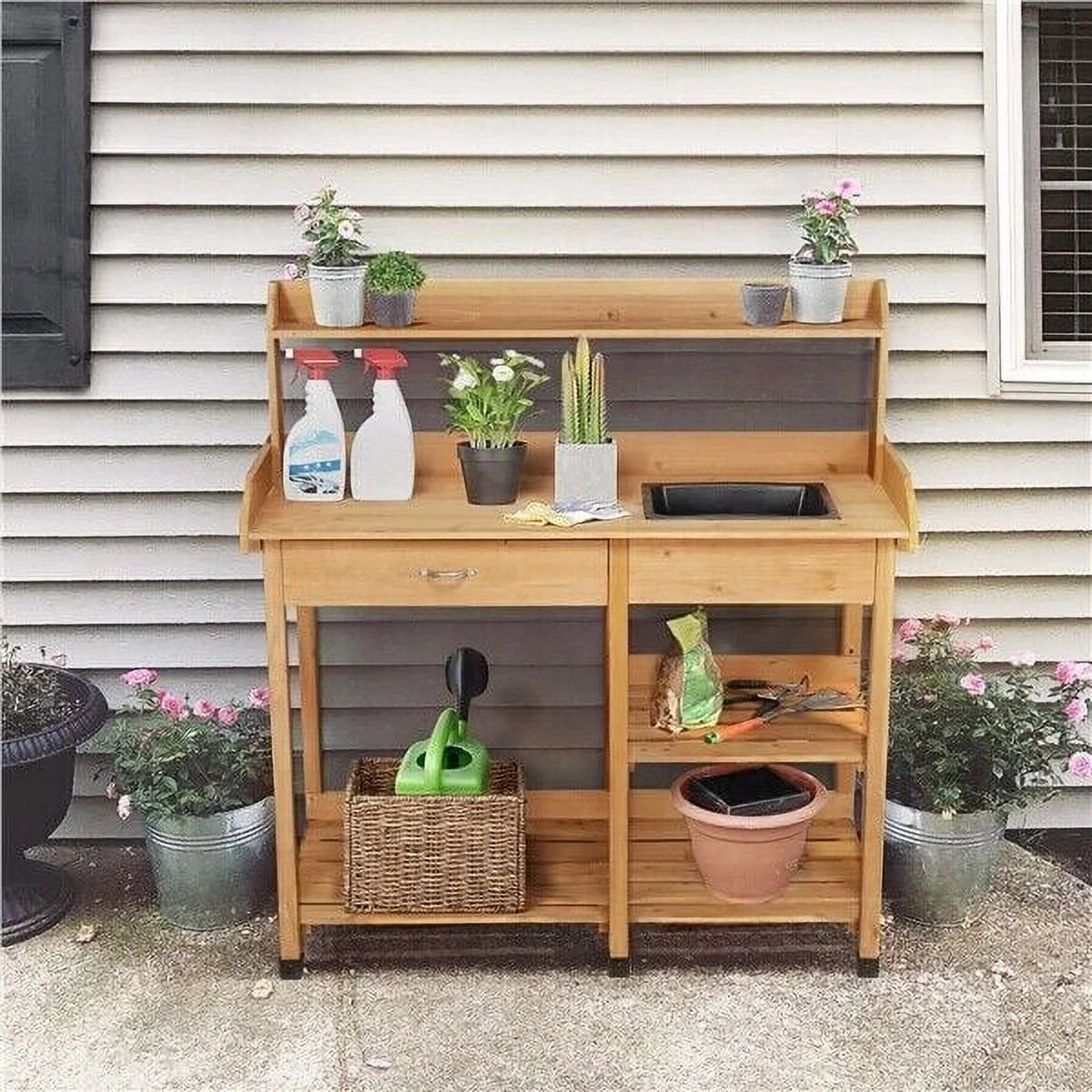 Veado Potting Bench Outdoor Garden Work Bench Station Planting Solid Wood Construction for Horticulture w/Sink Drawer Rack Shelves Natural Wood