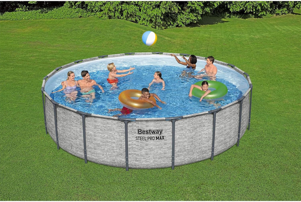 Steel Pro MAX 14 Foot x 48 Inch Round Metal Frame Above Ground Outdoor Swimming Pool Set with 1,000 Filter Pump, Ladder, and Cover, Gray