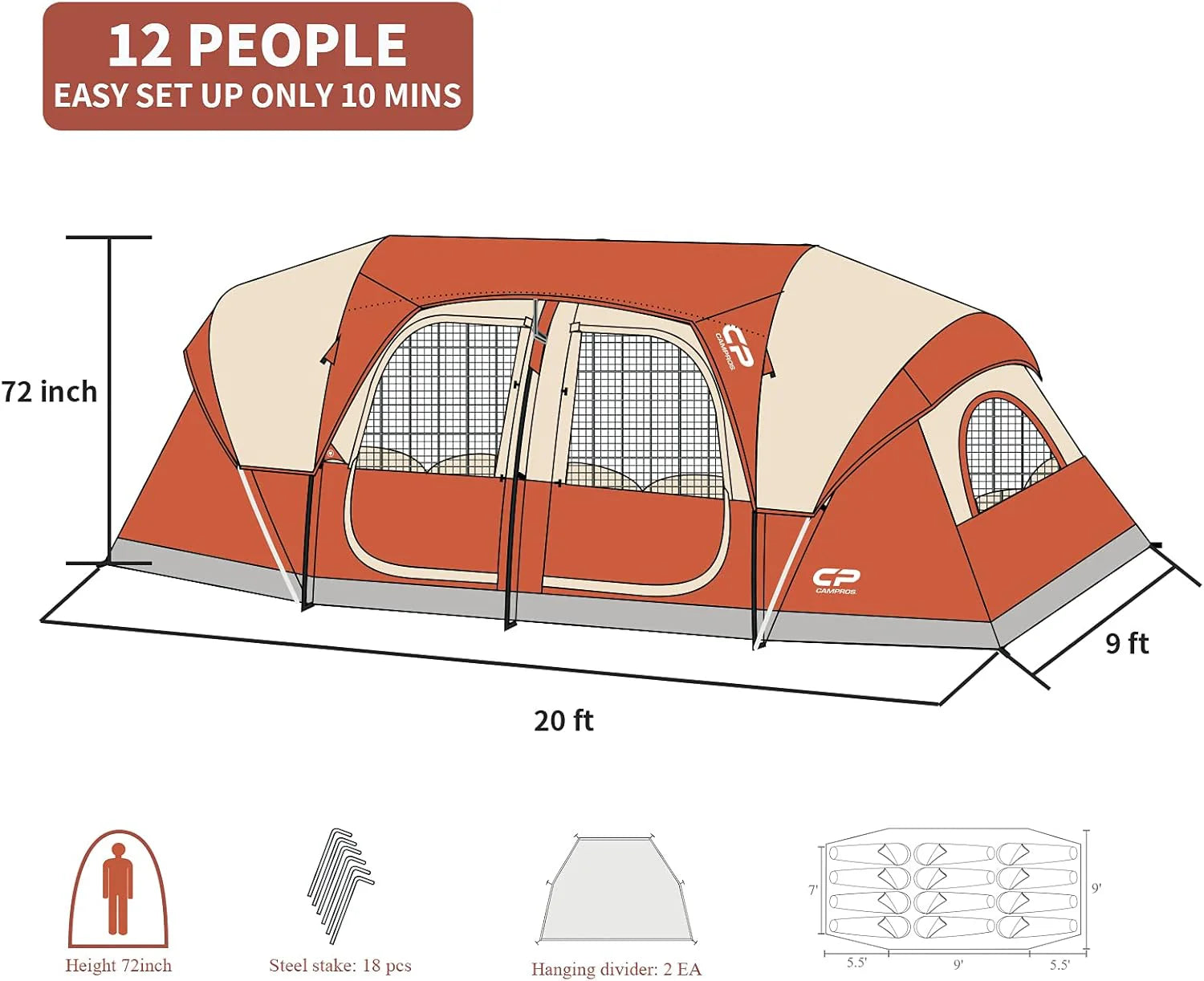 CAMPROS CP Tent 12-Person-Camping-Tents,3 Room Family Tents,Waterproof Windproof Family Tent with Top Rainfly,6 Large Mesh Windows,Double Layer,Easy Set Up, Portable with Carry Bag-20' x 9' x 72"(H)