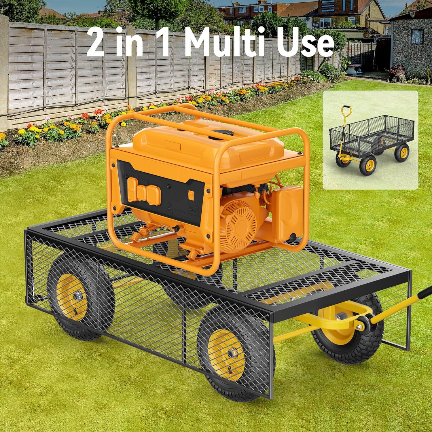 Steel Garden Cart, 2-in-1 1400 lbs Heavy Duty Utility Wagon, with Removable Mesh Sides to Convert into Flatbed, 240�� U-Turn 13" Pneumatic Tires Garden Wagon for Farm Yard Lawn Garden Camping