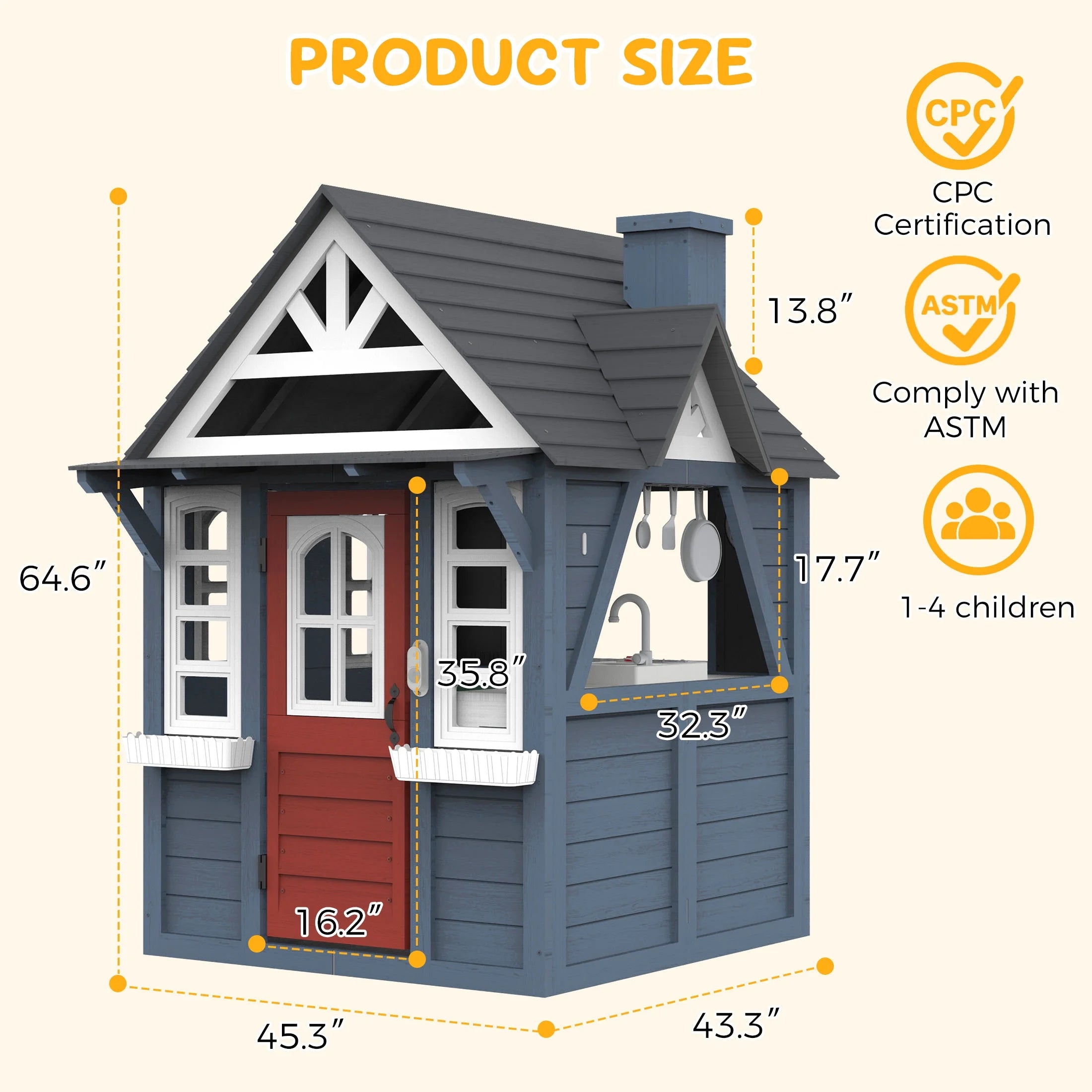 COCLUB Outdoor Playhouse for Kids Ages 4-8, Wooden Play House with Doorbell, Phone, Kitchen Toys, Outdoor Kids Play Equipment, Casa Para Ni?as (45��L x 65��H), White & Black