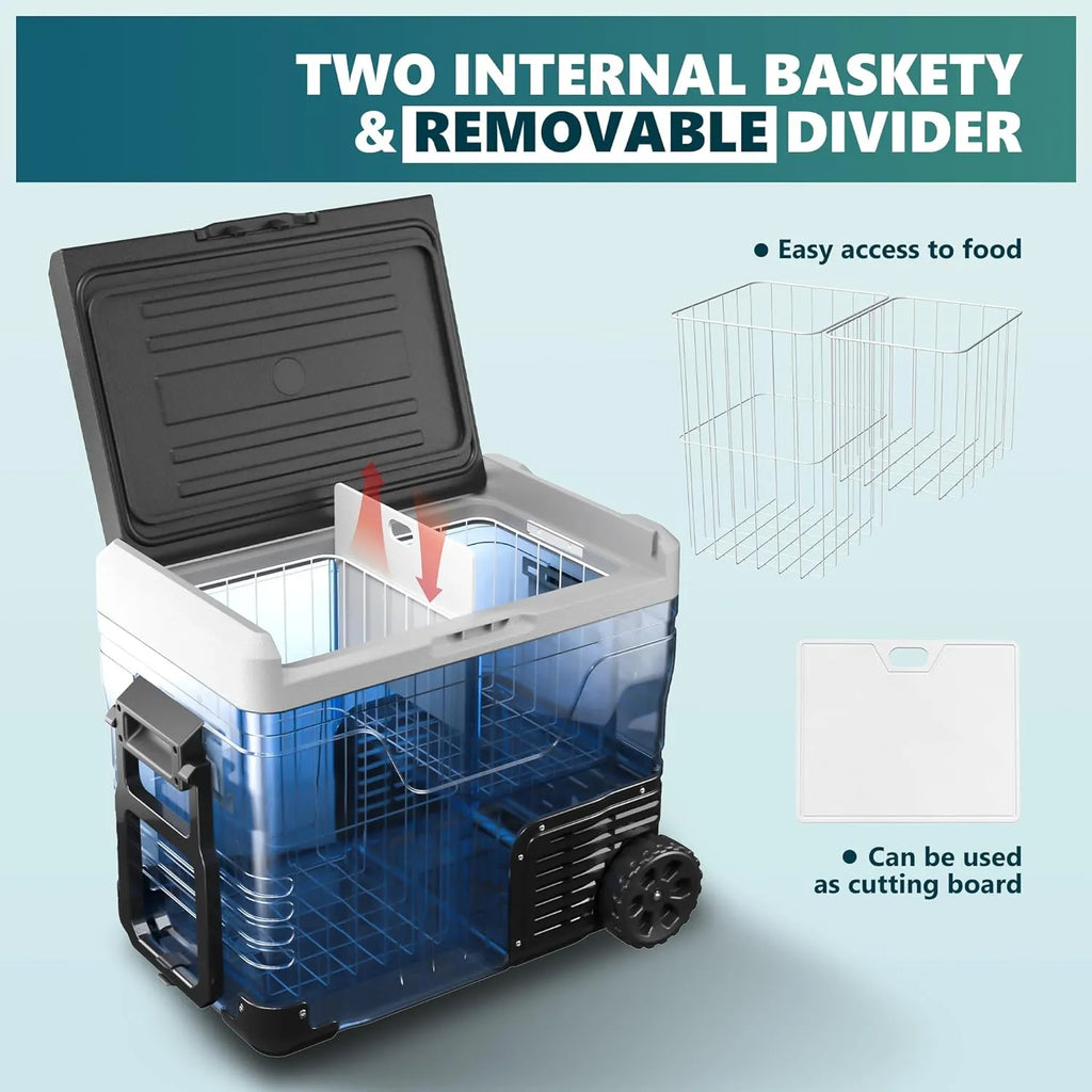 12 Volt Refrigerator, 53QT(50L) Electric Cooler, Portable Freezer 12V/24V DC 110-240V AC, 12V Fridge -4?H~68?H, 12V Cooler with Wheels & 2 Baskets for Travel, Truck, Boat, Camping