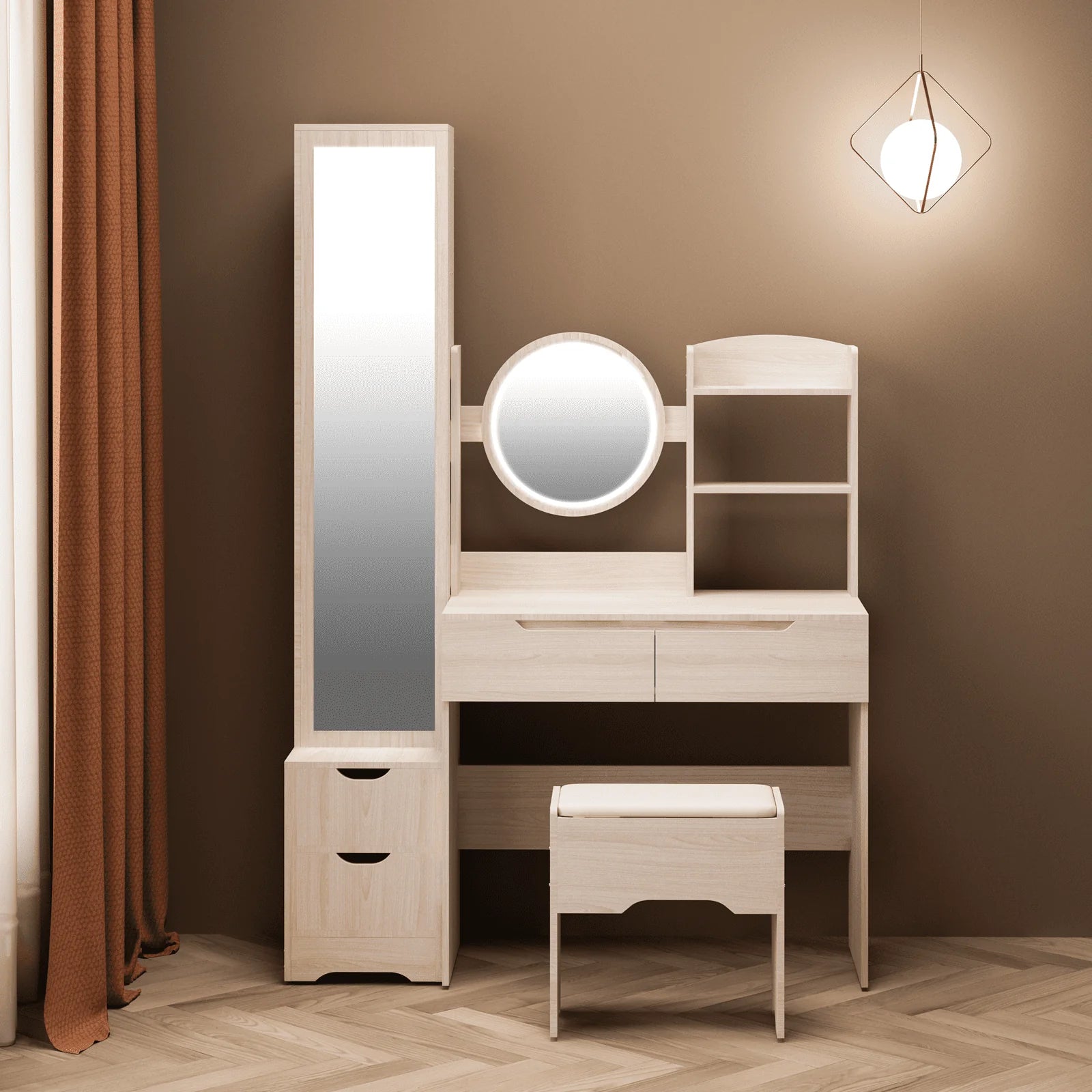 UBesGoo Lighted Vanity Table Set, Dressing Table with Full Length Mirror, Bedroom Makeup Table with Hidden Stoarge Cabinet, White Oak Color